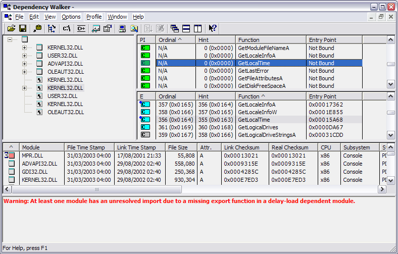 Dependency Walker window showing import of GetLocalTime